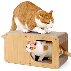 EHEYCIGA cardboard cat scratcher house front view shows durable corrugated paper for scratching and lounging.