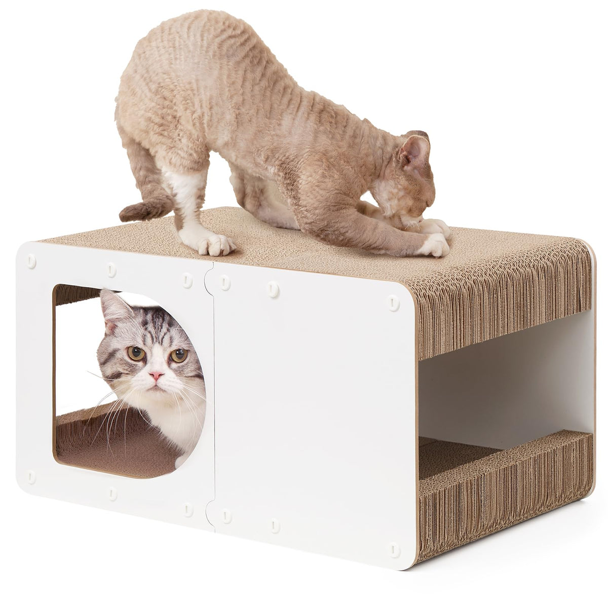 EHEYCIGA cardboard cat scratcher house front view shows durable white design for indoor cats