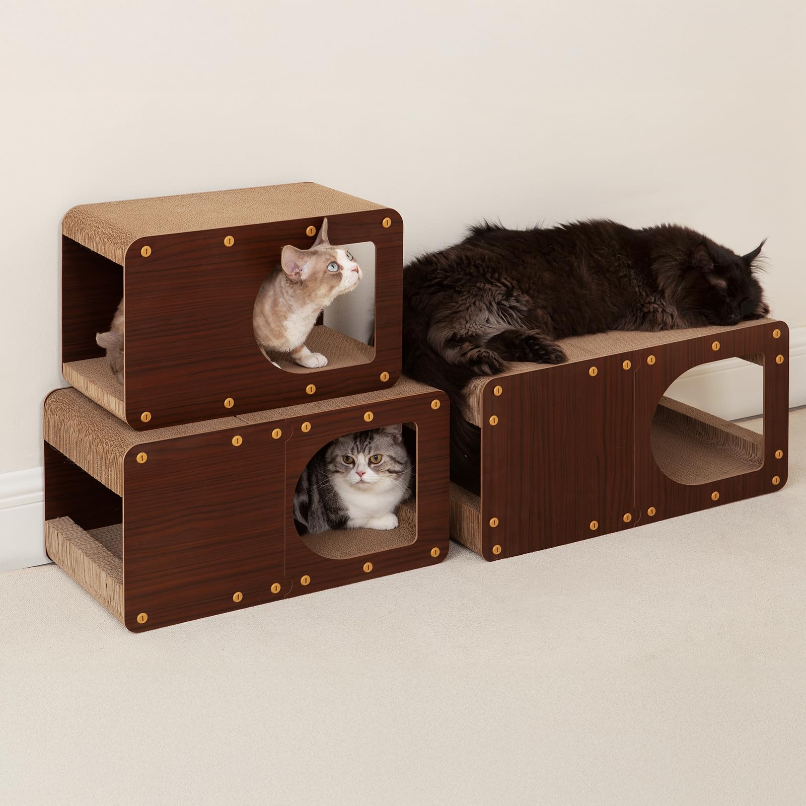 EHEYCIGA Cardboard Cat Scratcher House indoor setting—dark brown finish blends with decor