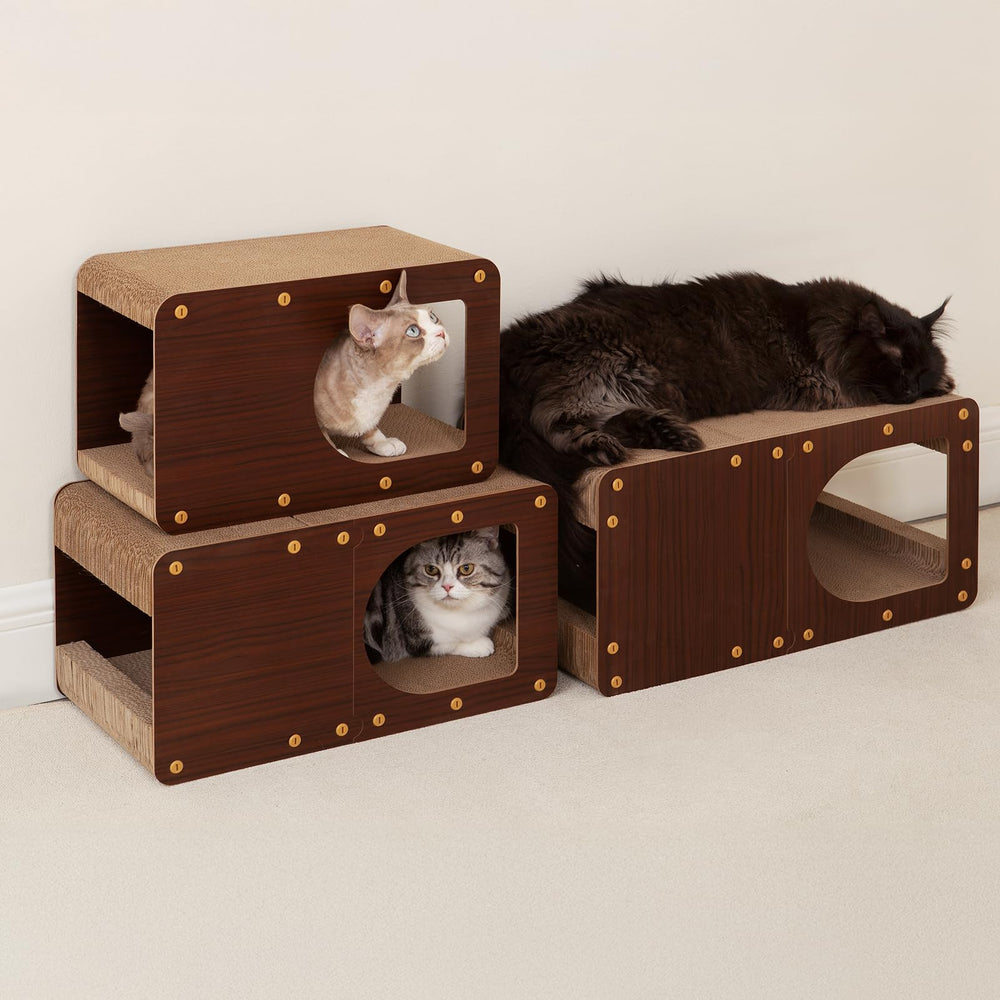 EHEYCIGA Cardboard Cat Scratcher House indoor setting—dark brown finish blends with decor