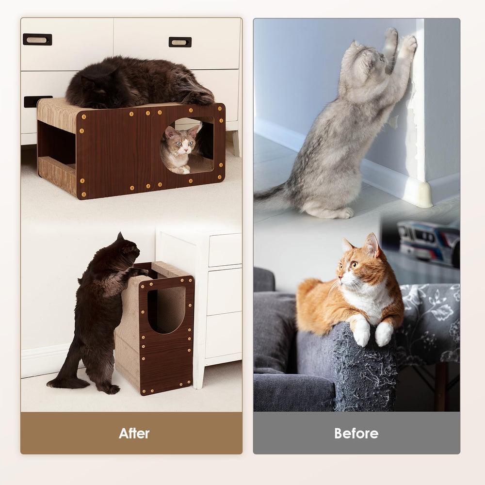 EHEYCIGA cardboard cat scratcher house interior angle showing scratching on all sides.
