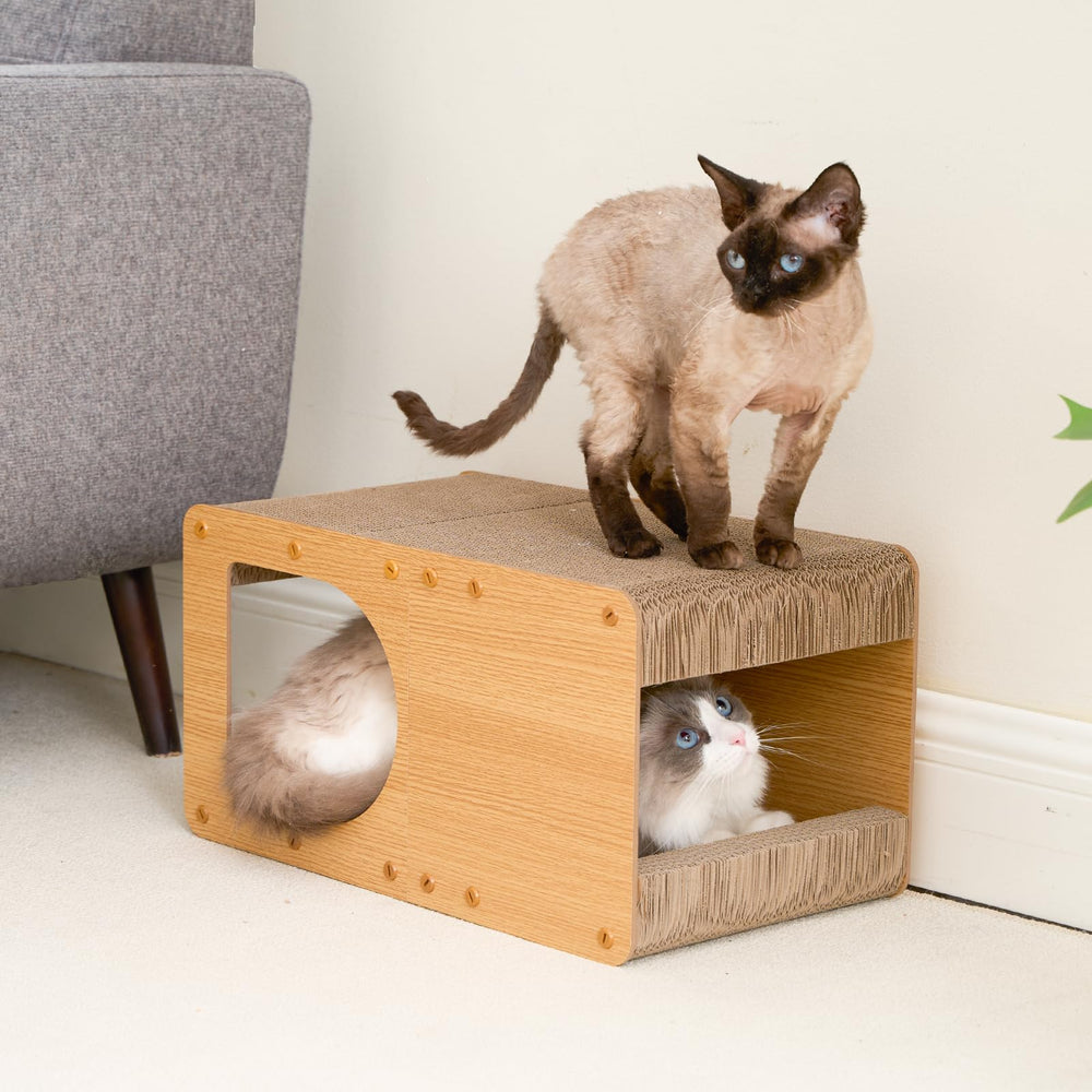EHEYCIGA cardboard cat scratcher house non-slip base supports playful sessions.