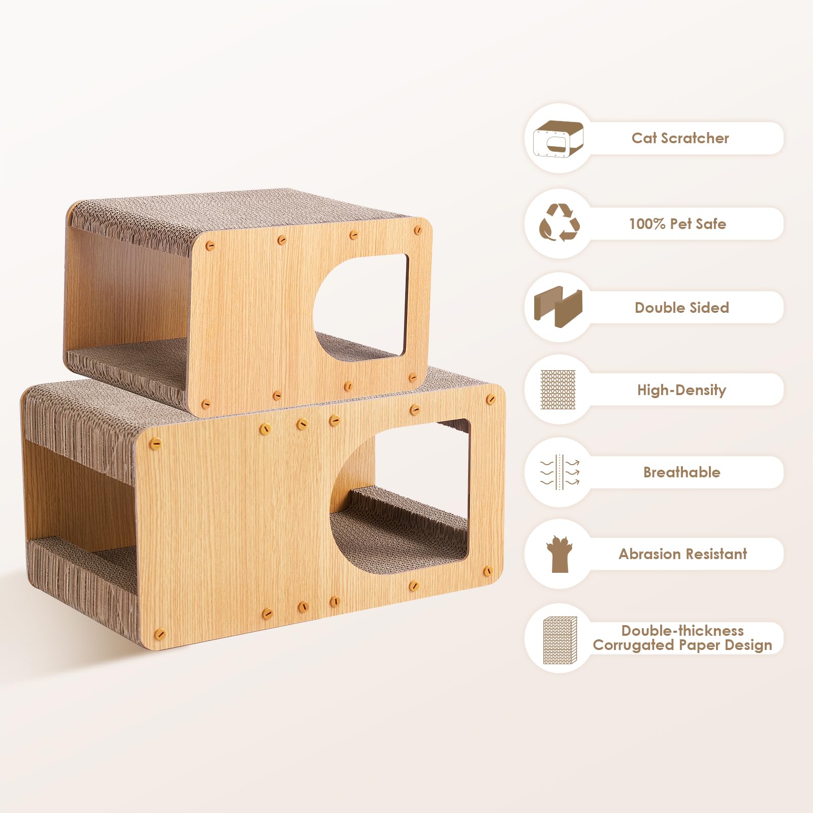 EHEYCIGA cardboard cat scratcher house side view highlights stability and wood frame support.