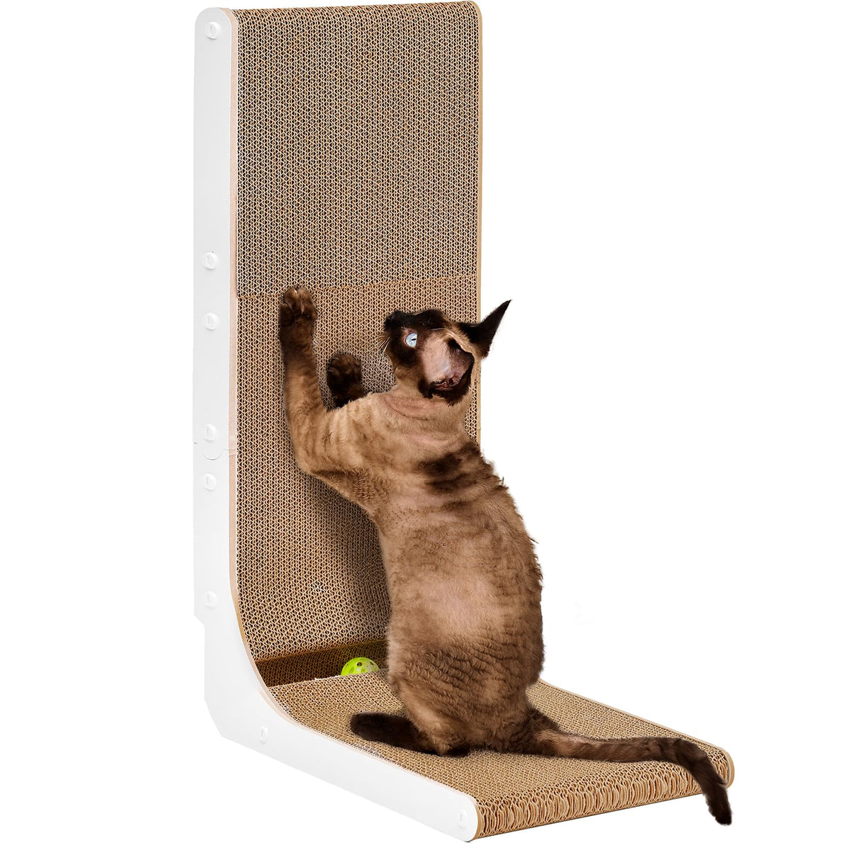 EHEYCIGA cardboard cat scratcher L-shape against wall protects furniture while satisfying scratching instincts.