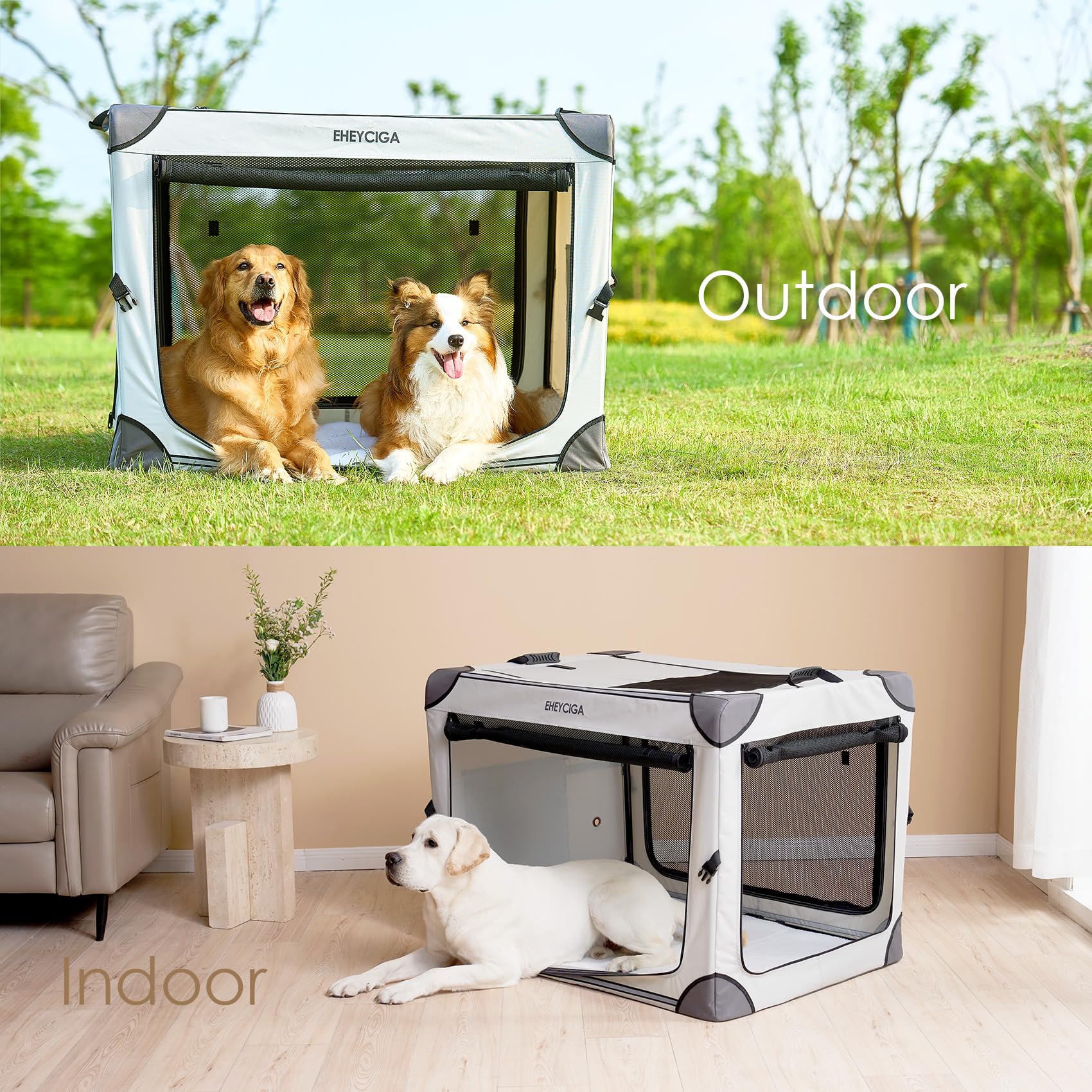 EHEYCIGA collapsible dog crate interior with leash shows added security during travel