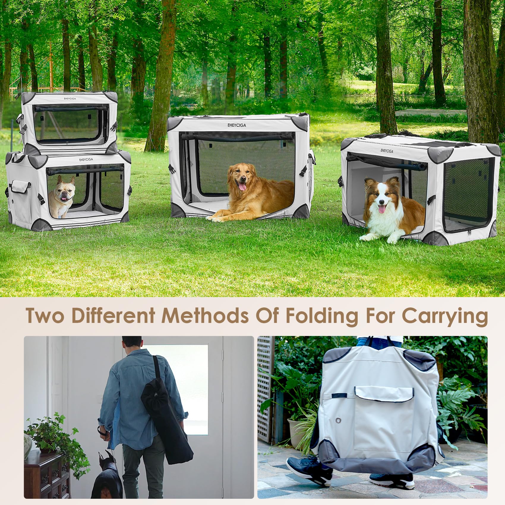 EHEYCIGA collapsible dog crate outdoors shows 4-Door mesh windows for airflow