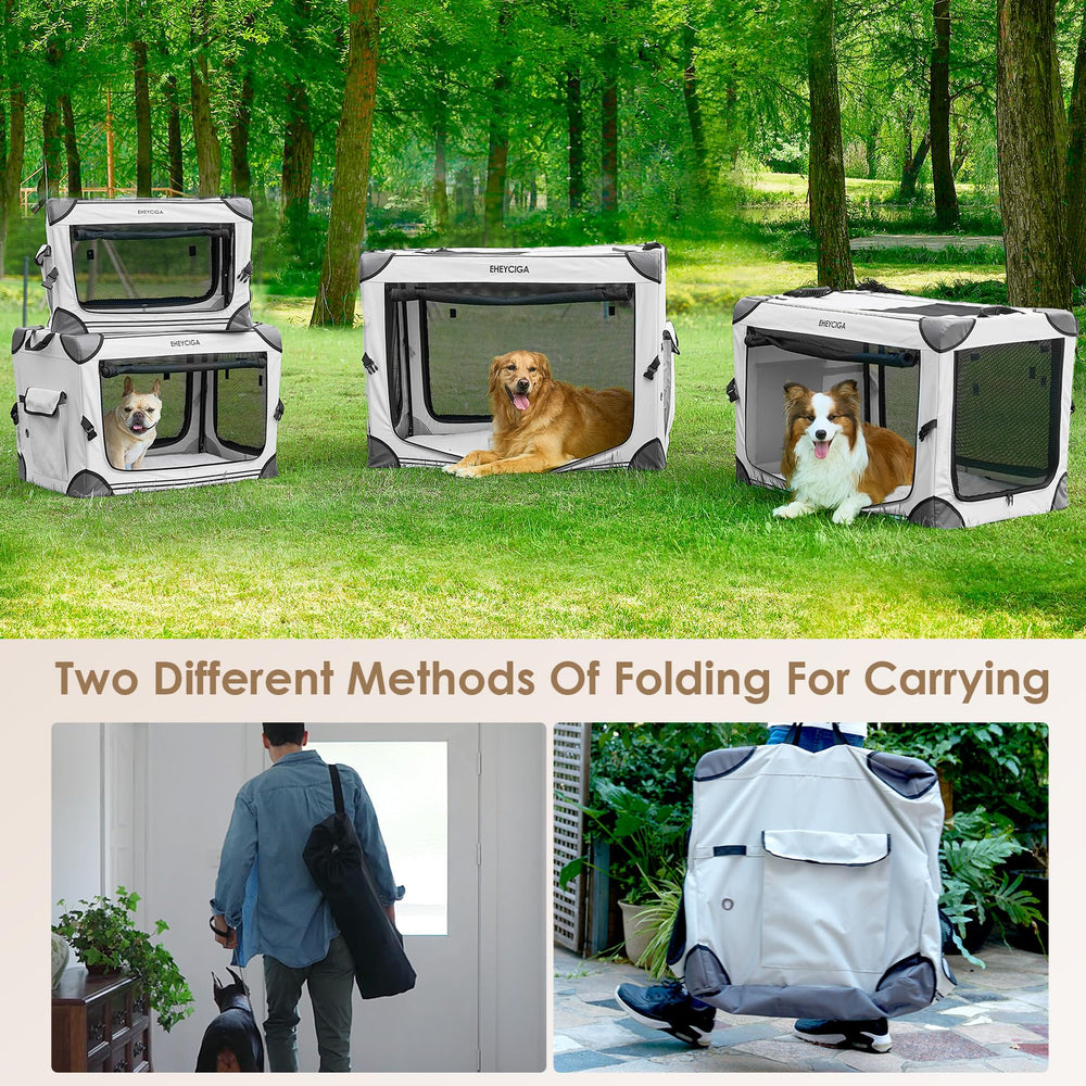 EHEYCIGA collapsible dog crate outdoors shows 4-Door mesh windows for airflow