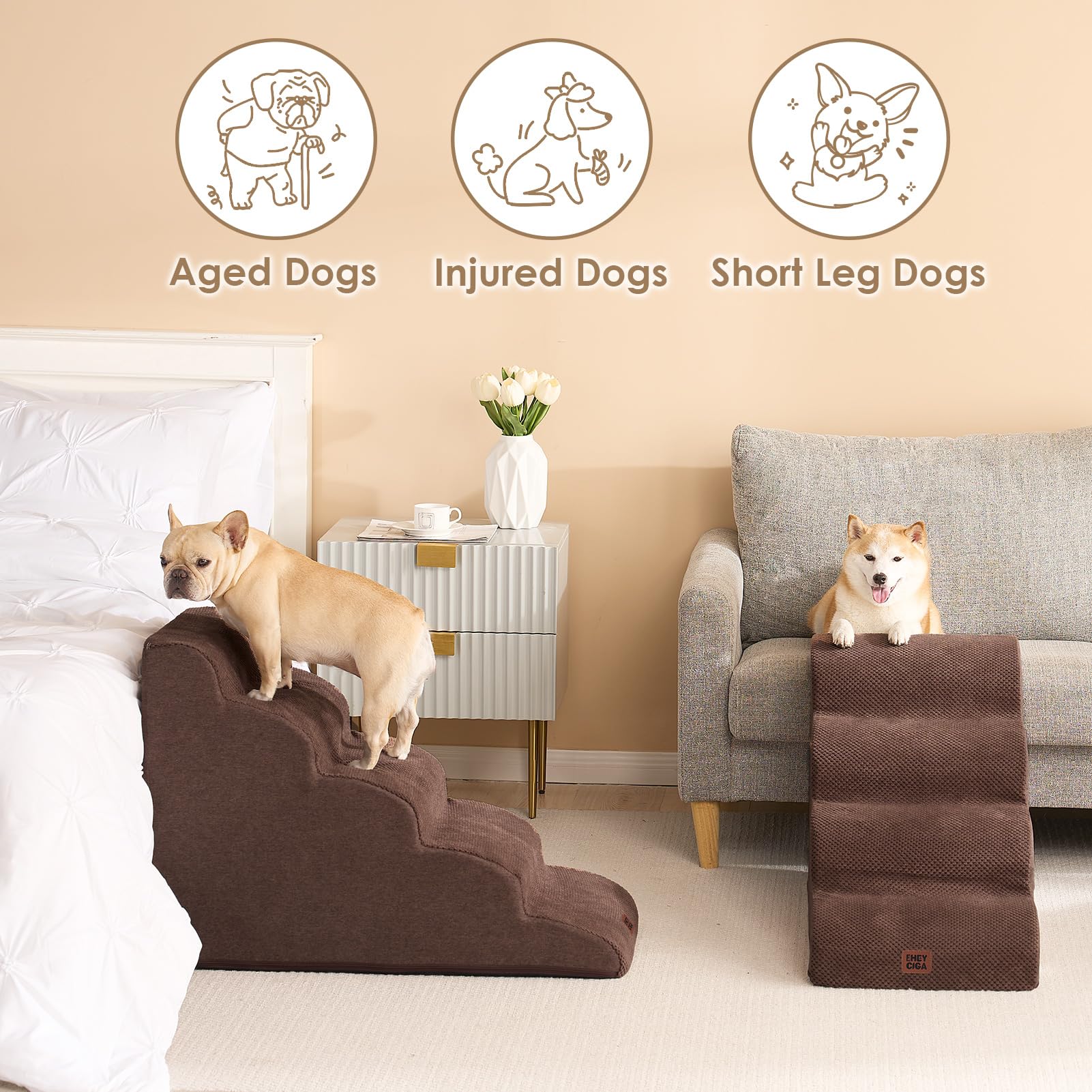 EHEYCIGA curved dog stairs 2-step option for low-profile furniture.