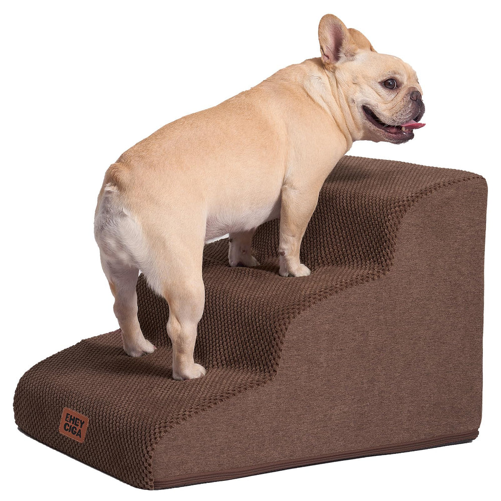 EHEYCIGA curved dog stairs in action showing 3-step access for small dogs