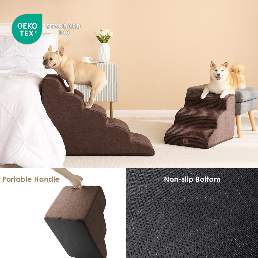 EHEYCIGA curved dog stairs 3-step option fits medium-height beds.
