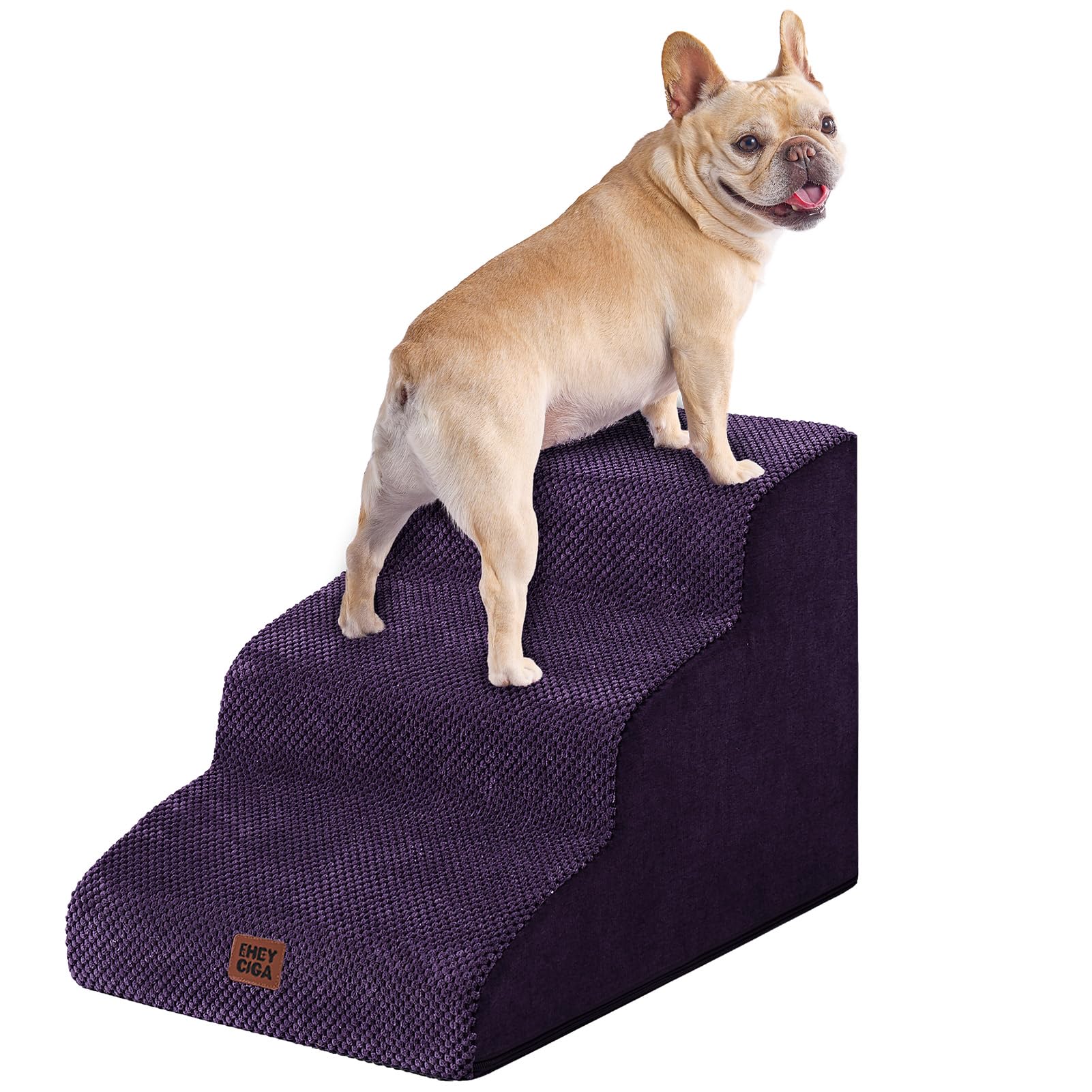 EHEYCIGA curved dog stairs 3-step purple on sofa provide easy access for pets.