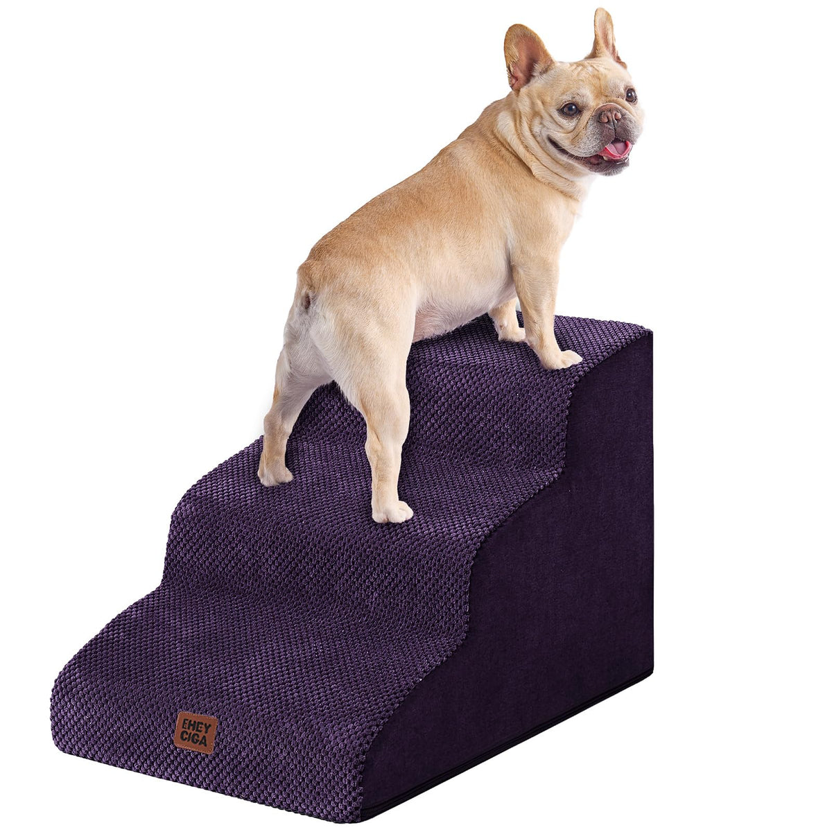 EHEYCIGA curved dog stairs 3-step purple on sofa provide easy access for pets.