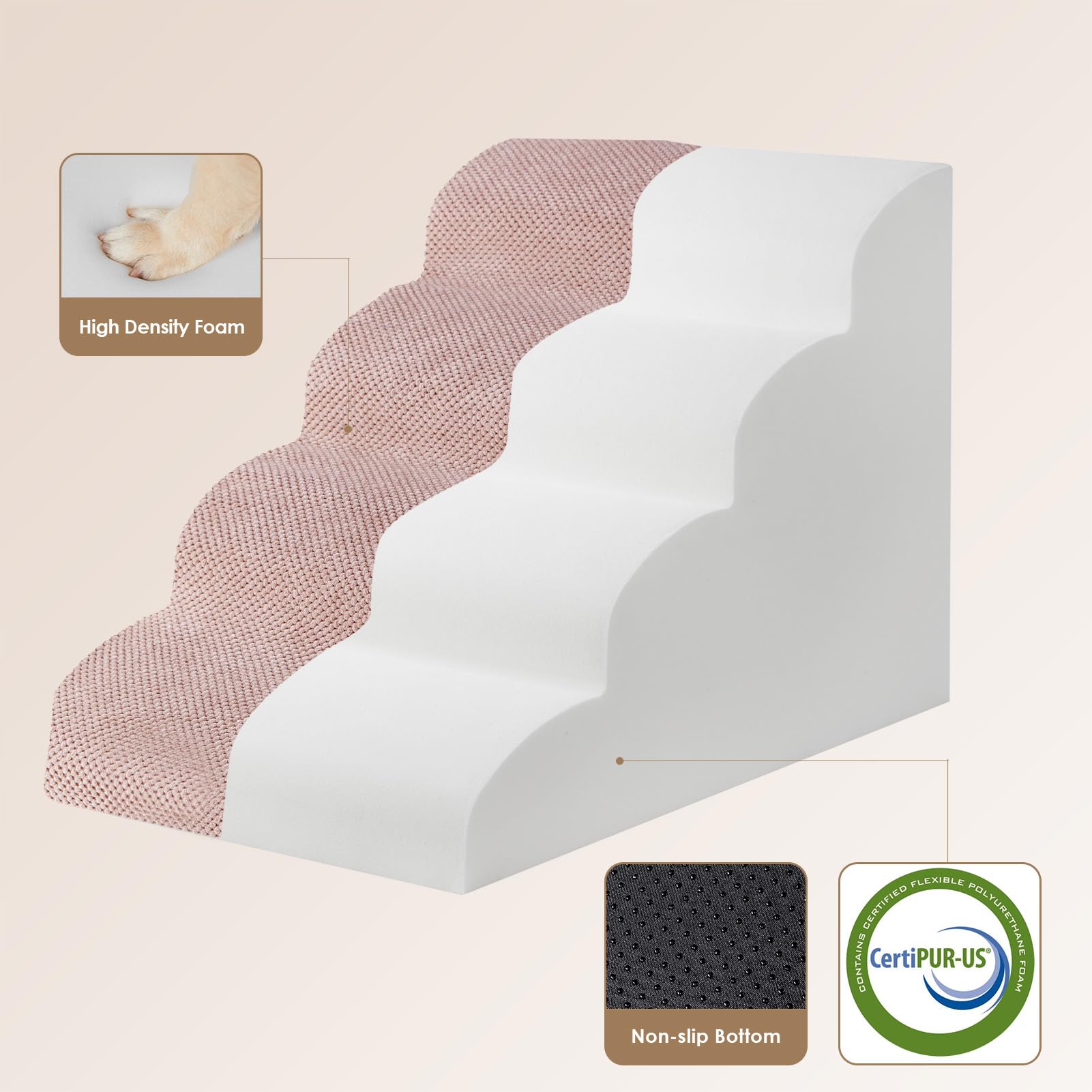 EHEYCIGA curved dog stairs 4step front angle, dusty pink improves pet reach.