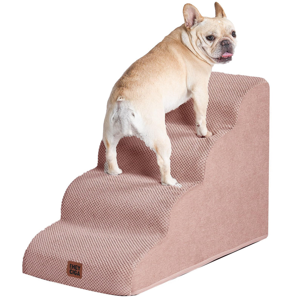 EHEYCIGA curved dog stairs 4step side view, dusty pink for high-bed access.