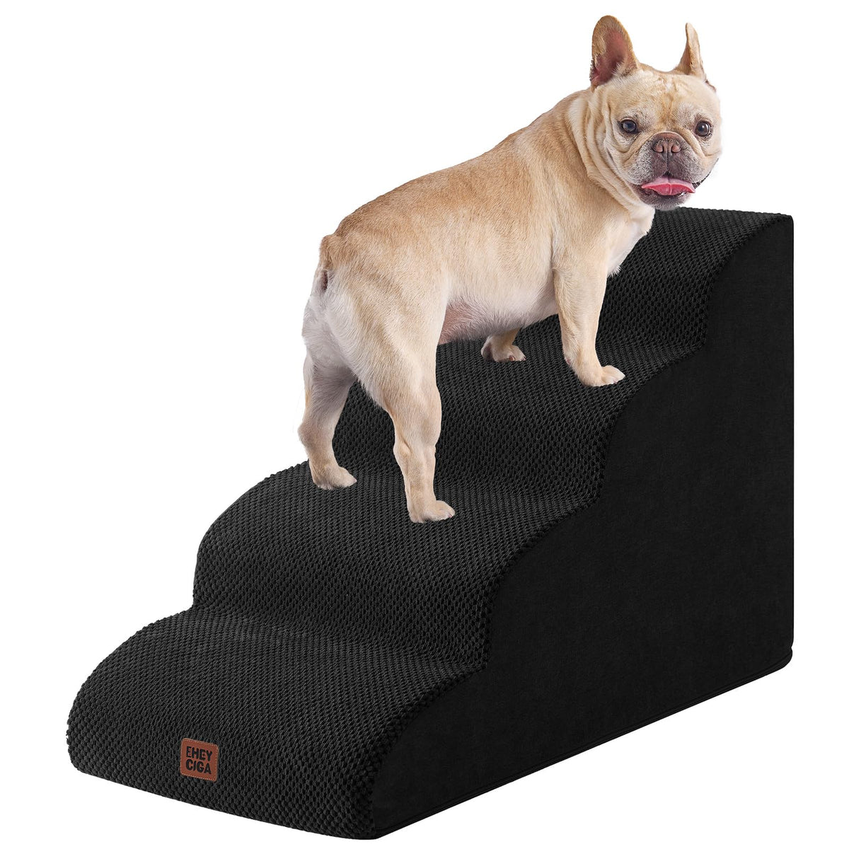 EHEYCIGA curved dog stairs 4step sideview provides easy high-bed access for pets.