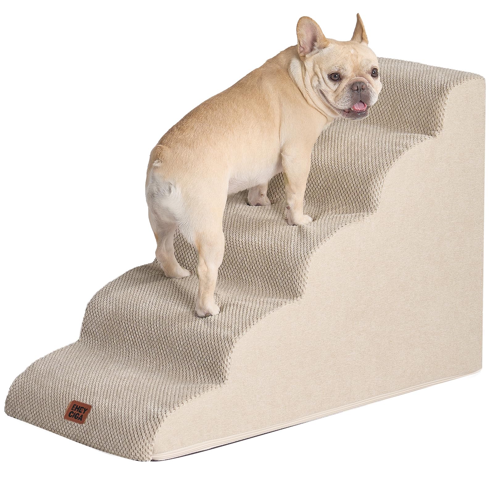 EHEYCIGA curved dog stairs 5-step beige on bed edge for safe high-bed climbing