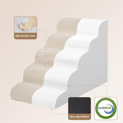 EHEYCIGA curved dog stairs 5-step beige showing extra-wide steps for small dogs.