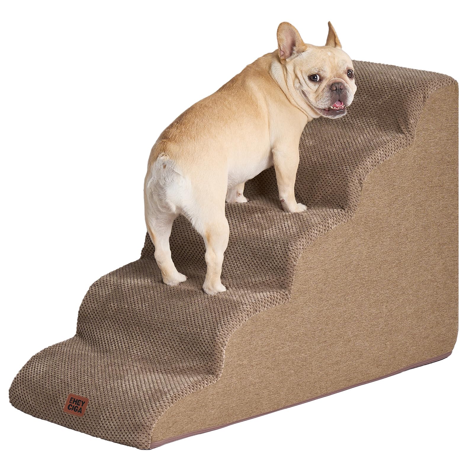 EHEYCIGA curved dog stairs 5-step camel bed-edge for safe bed access