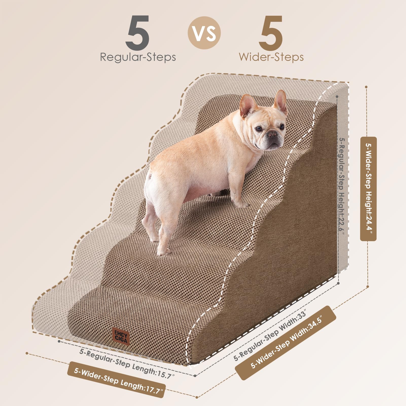 EHEYCIGA Curved Dog Stairs 5-step camel edge-on-bed view demonstrates edge-attachment design for easy access.