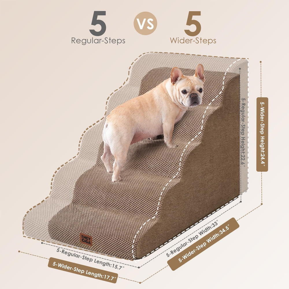 EHEYCIGA Curved Dog Stairs 5-step camel edge-on-bed view demonstrates edge-attachment design for easy access.