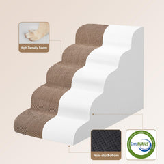 EHEYCIGA Curved Dog Stairs 5-step camel front view highlights stable rise for pets entering beds.