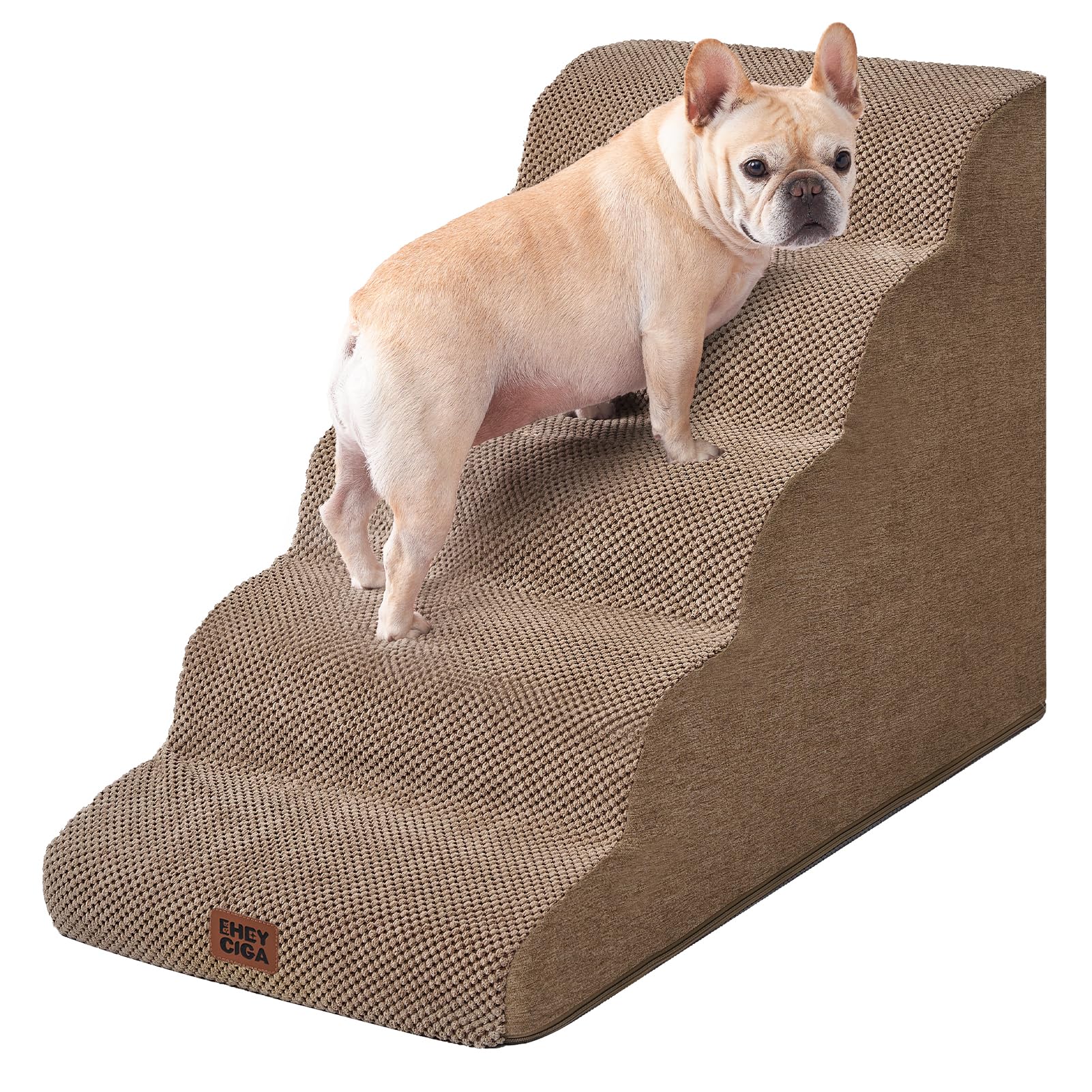 EHEYCIGA Curved Dog Stairs 5-step camel side view shows sturdy foam support for gentle climbs.