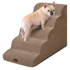 EHEYCIGA Curved Dog Stairs 5-step camel side view shows sturdy foam support for gentle climbs.
