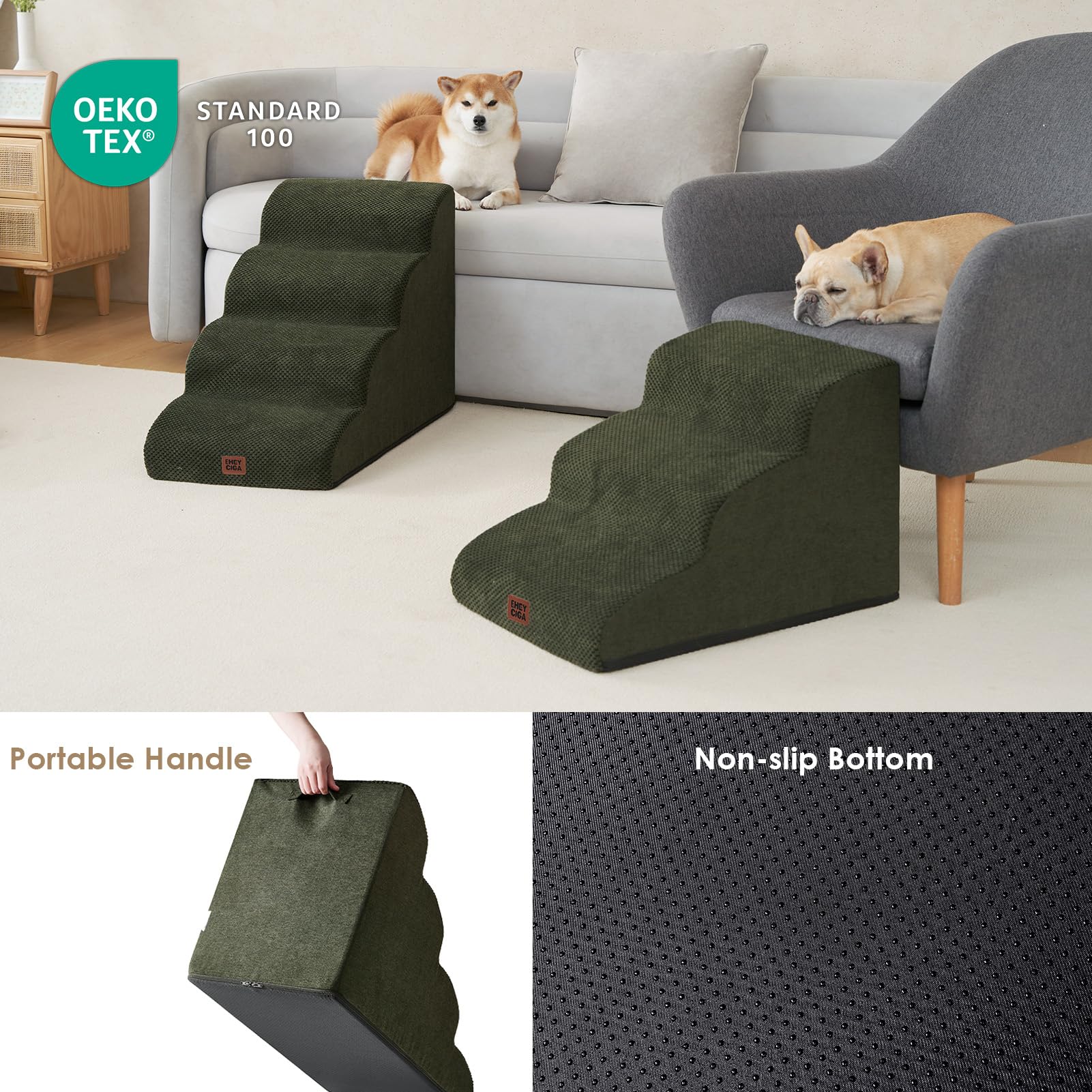 EHEYCIGA Curved Dog Stairs assembly cover shows removable washability for easy cleaning.