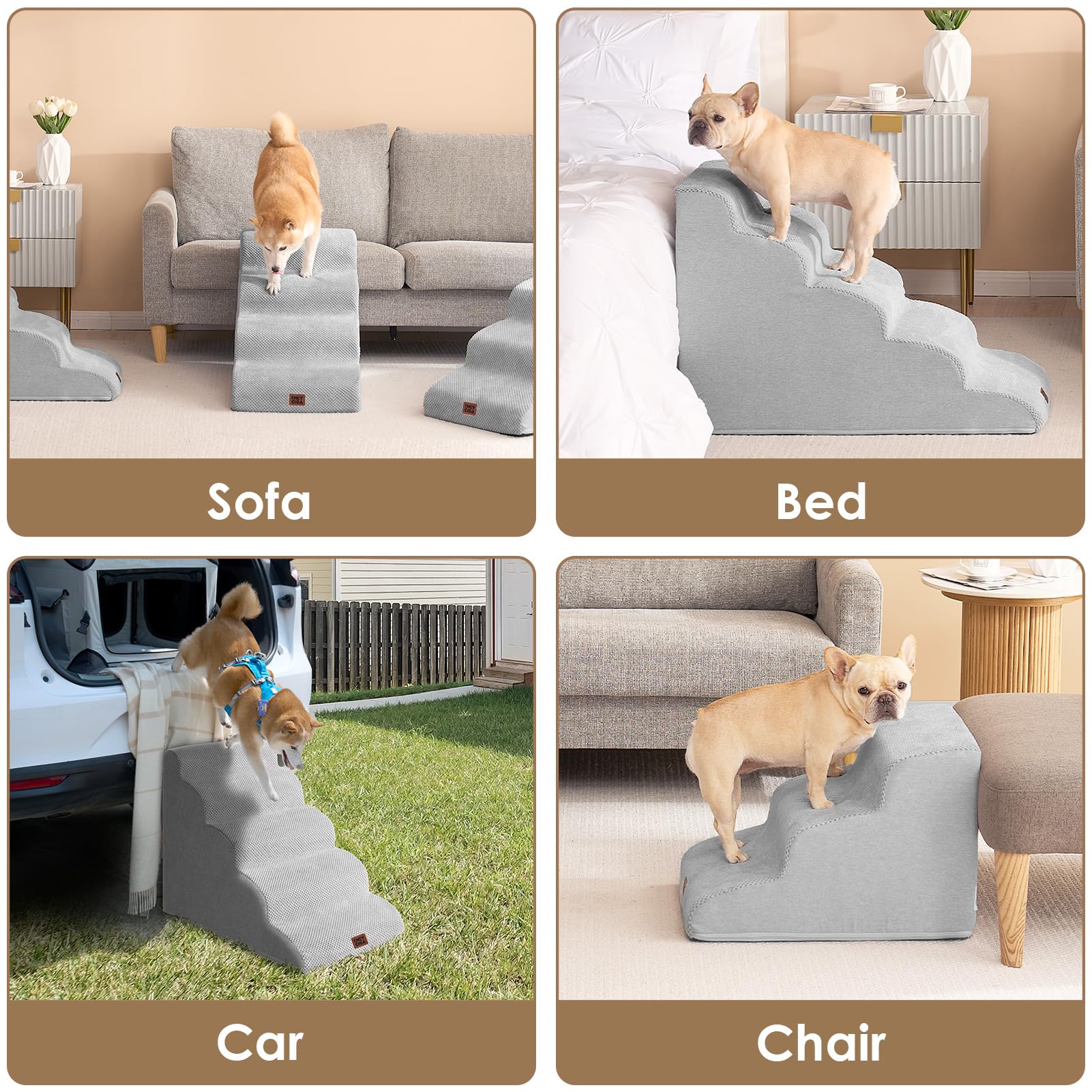 EHEYCIGA Curved Dog Stairs assembly guide highlights simple setup.