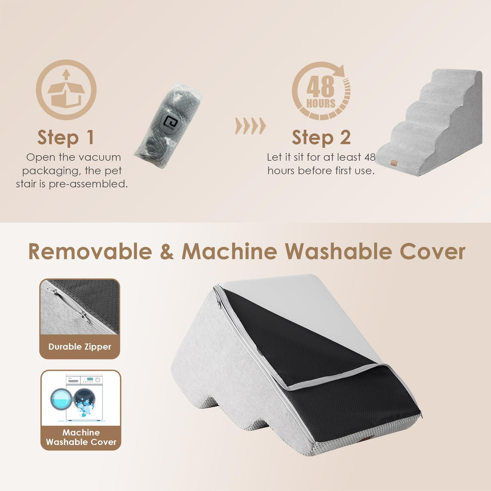 EHEYCIGA curved dog stairs assembly guide shows quick setup.