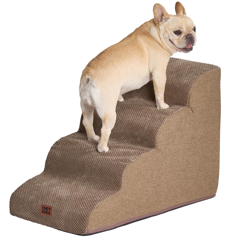 EHEYCIGA curved dog stairs assembly view showing sturdy foam support for pets.