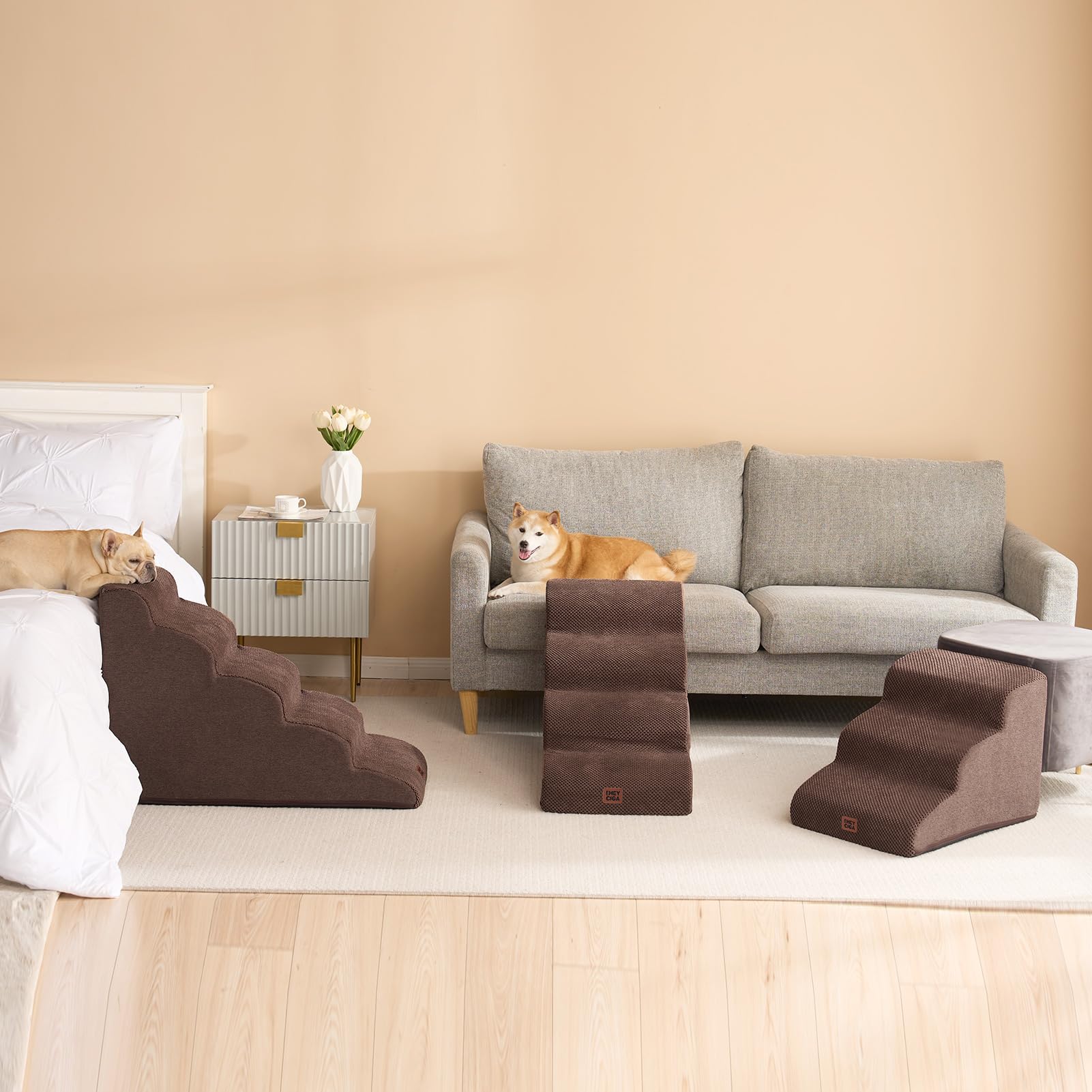 EHEYCIGA curved dog stairs bed-to-sofa fit demonstration