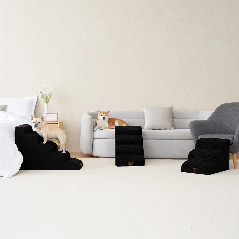 EHEYCIGA curved dog stairs black-finish option blends with modern bedrooms.