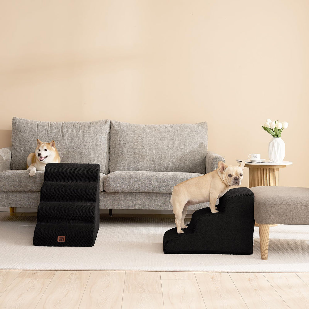 EHEYCIGA curved dog stairs black-matte finish blends with interiors.