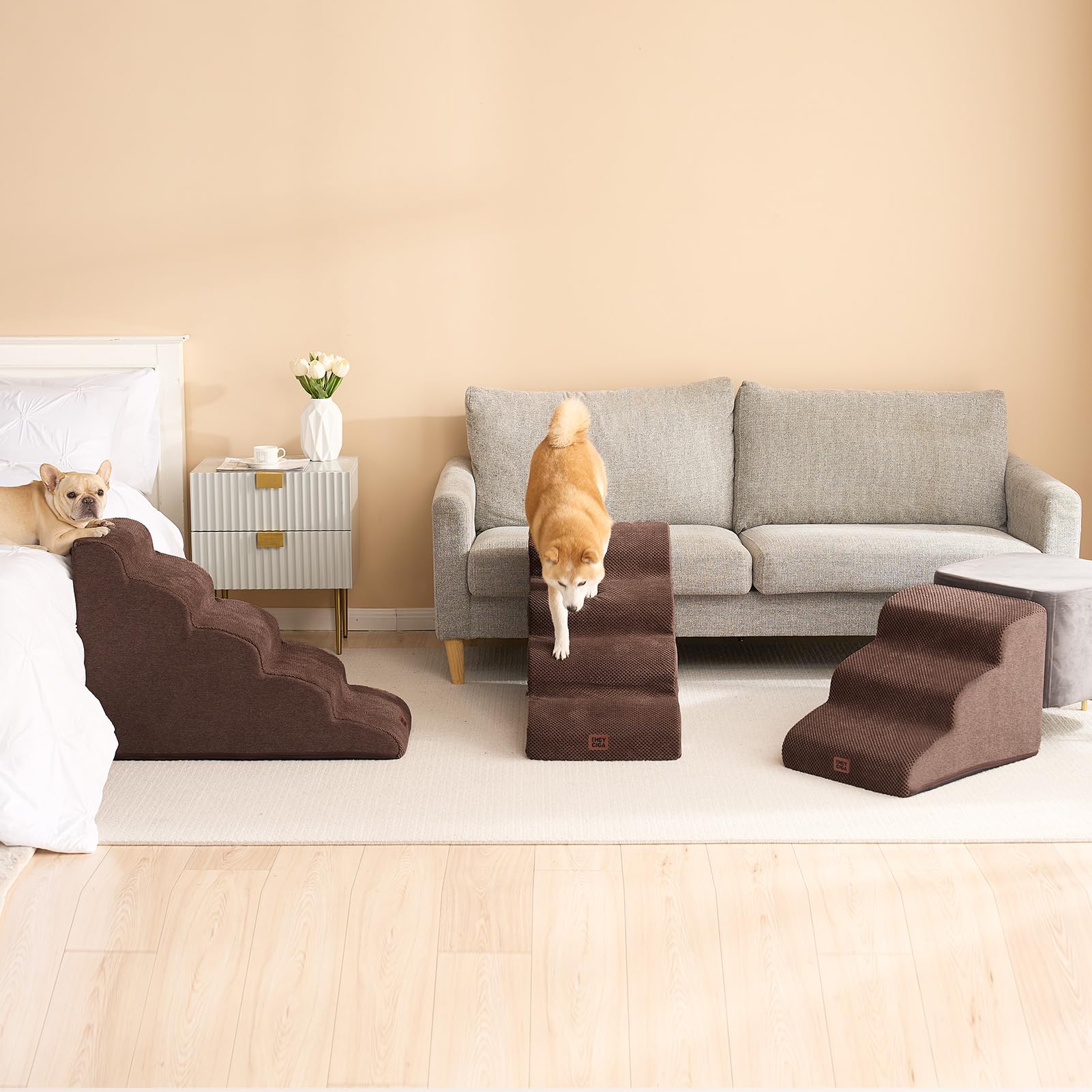 EHEYCIGA curved dog stairs brown fabric blends with home décor