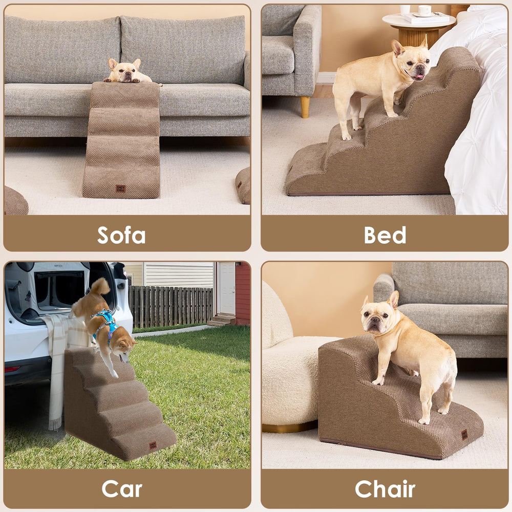 EHEYCIGA curved dog stairs in use by a small pet on a couch