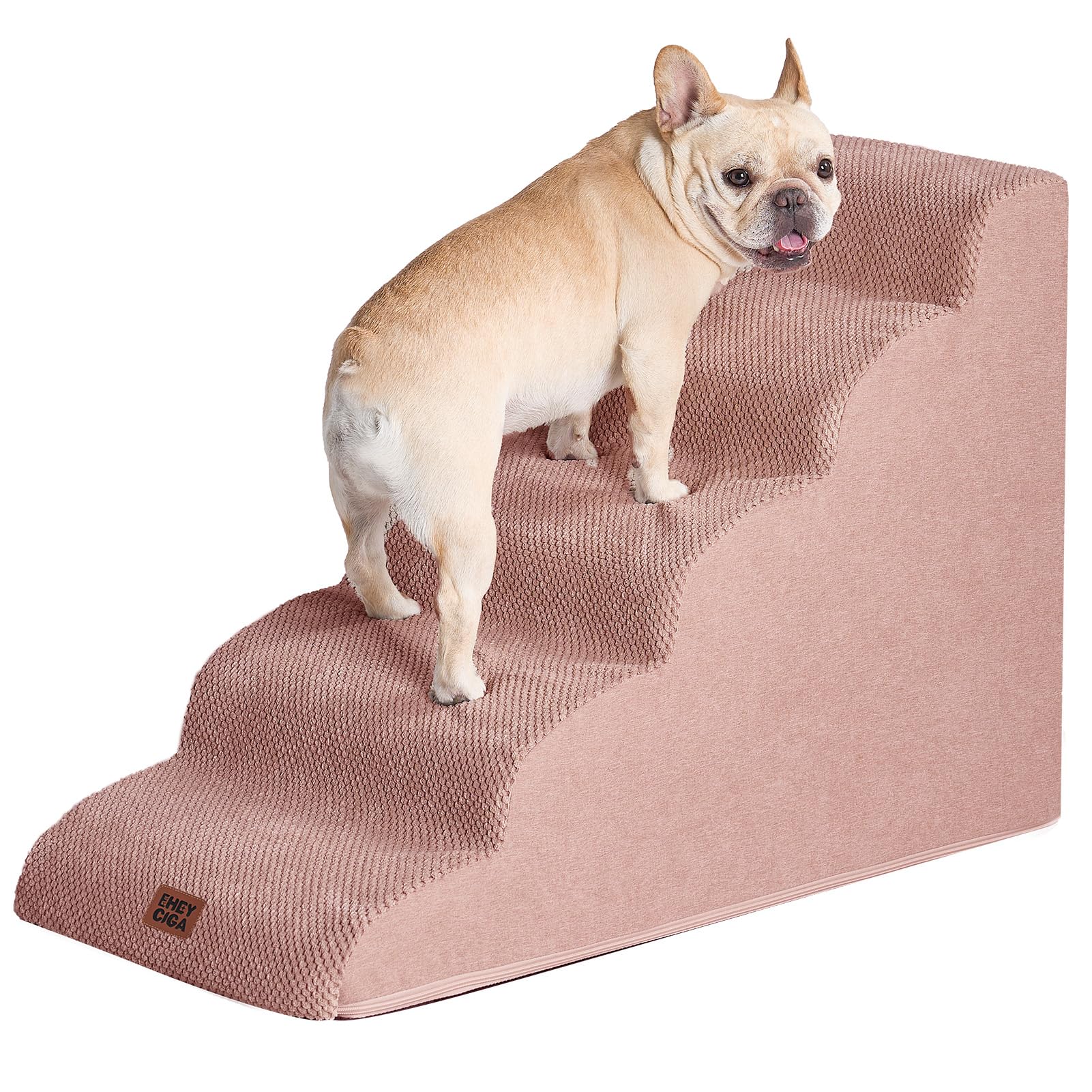 EHEYCIGA Curved Dog Stairs dusty pink front angle; stable non-slip climbing.