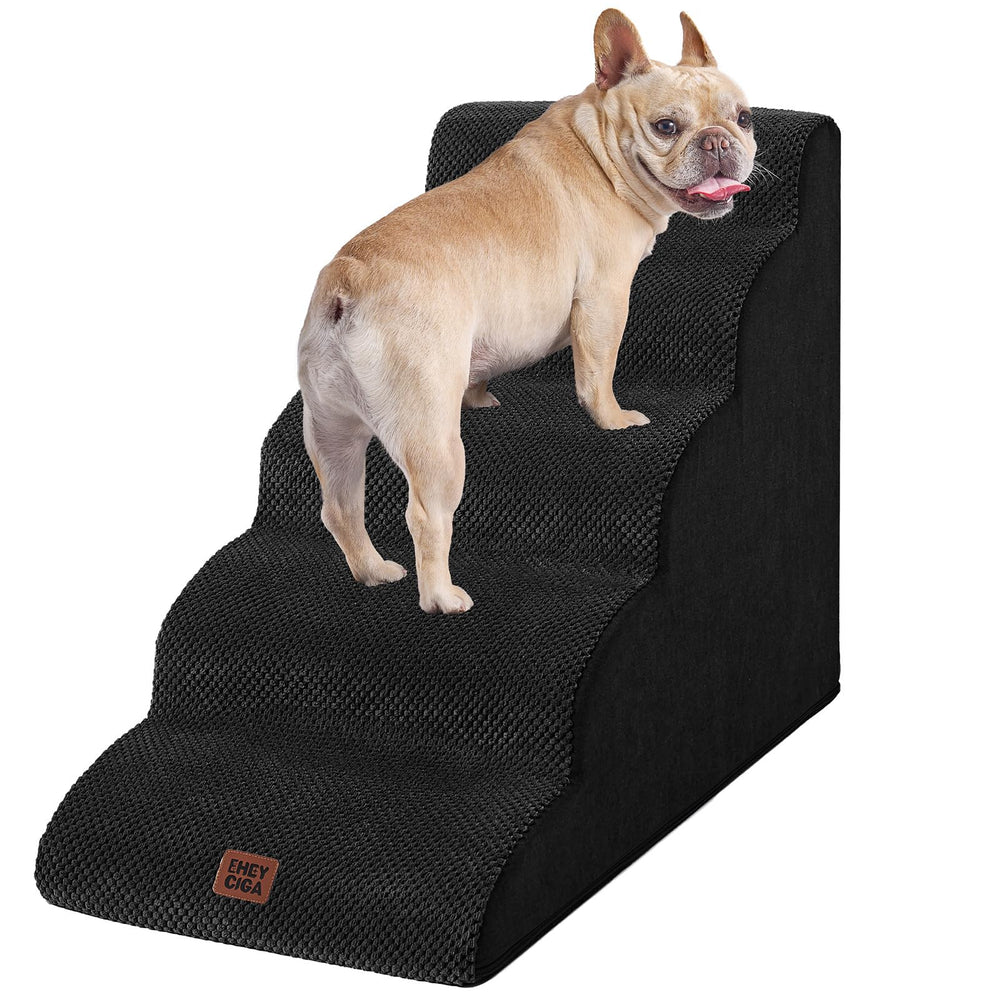 EHEYCIGA curved dog stairs edge-aligned setup aids safe bed access for pets.