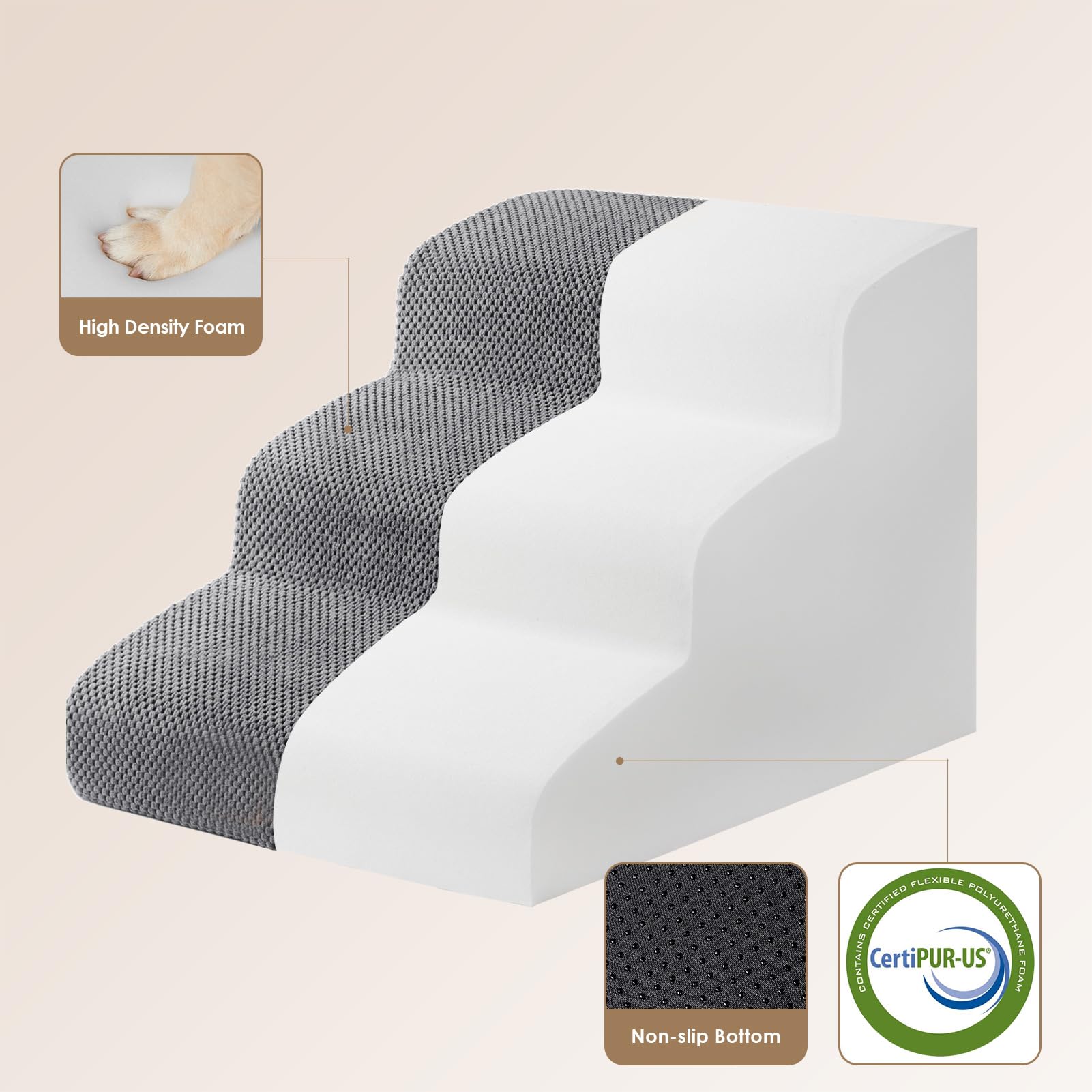 EHEYCIGA curved dog stairs 33D foam provides steady footing for confident climbs.