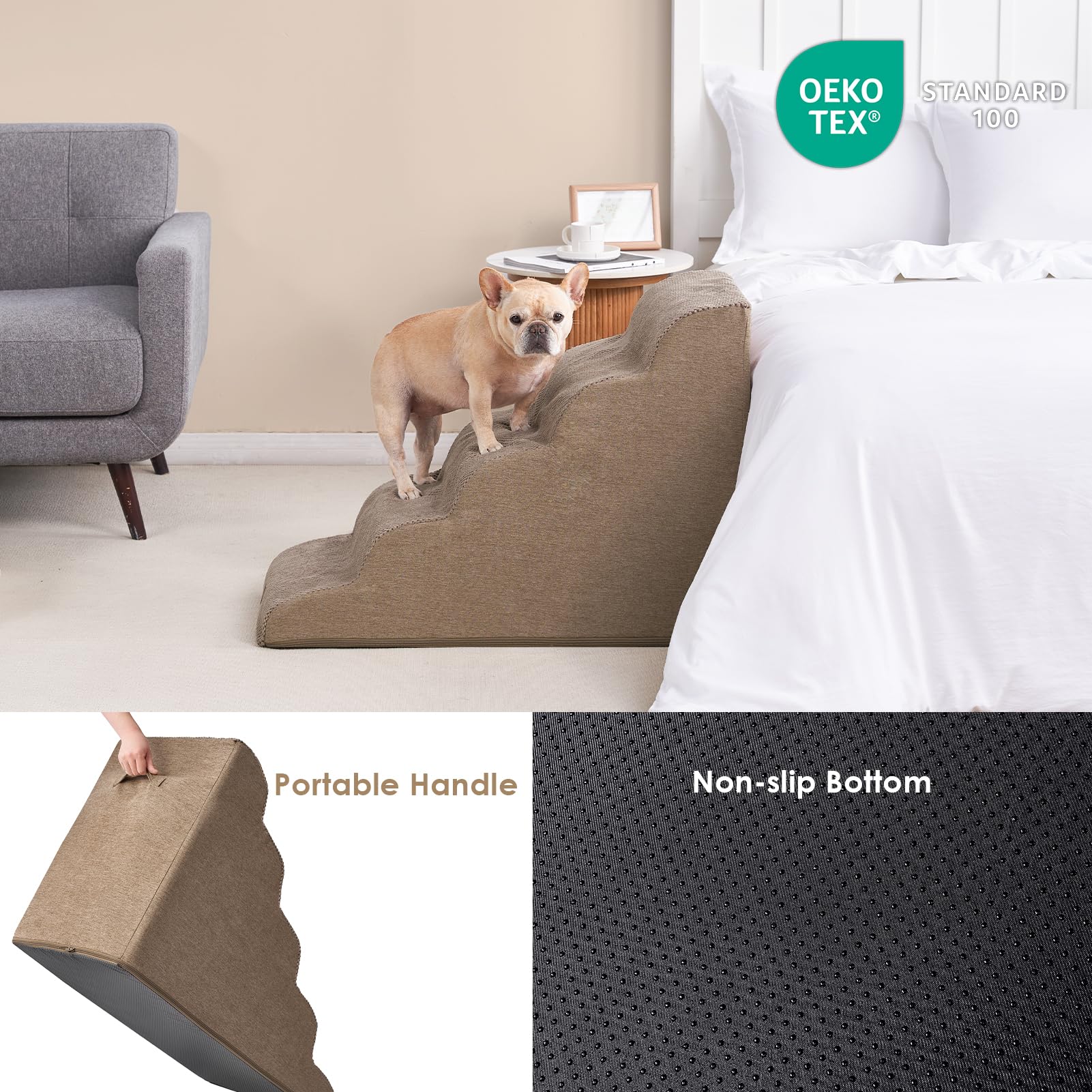 EHEYCYCIGA Curved Dog Stairs foam-expanded shows foam fully expanding after unpacking for ready use.