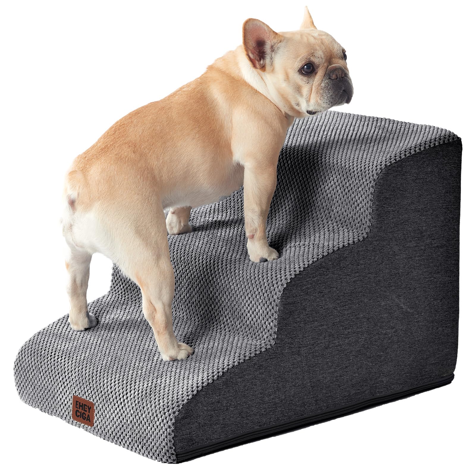 EHEYCIGA curved dog stairs grey finish blends with decor while easing pet access.