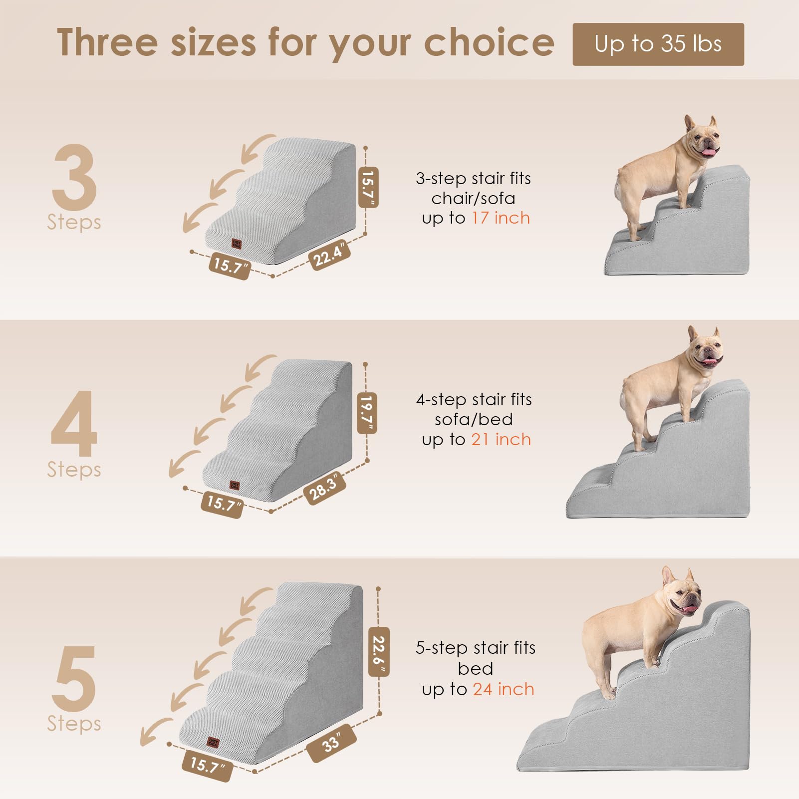 EHEYCIGA Curved Dog Stairs high-bed fit demonstrates bed-edge alignment.