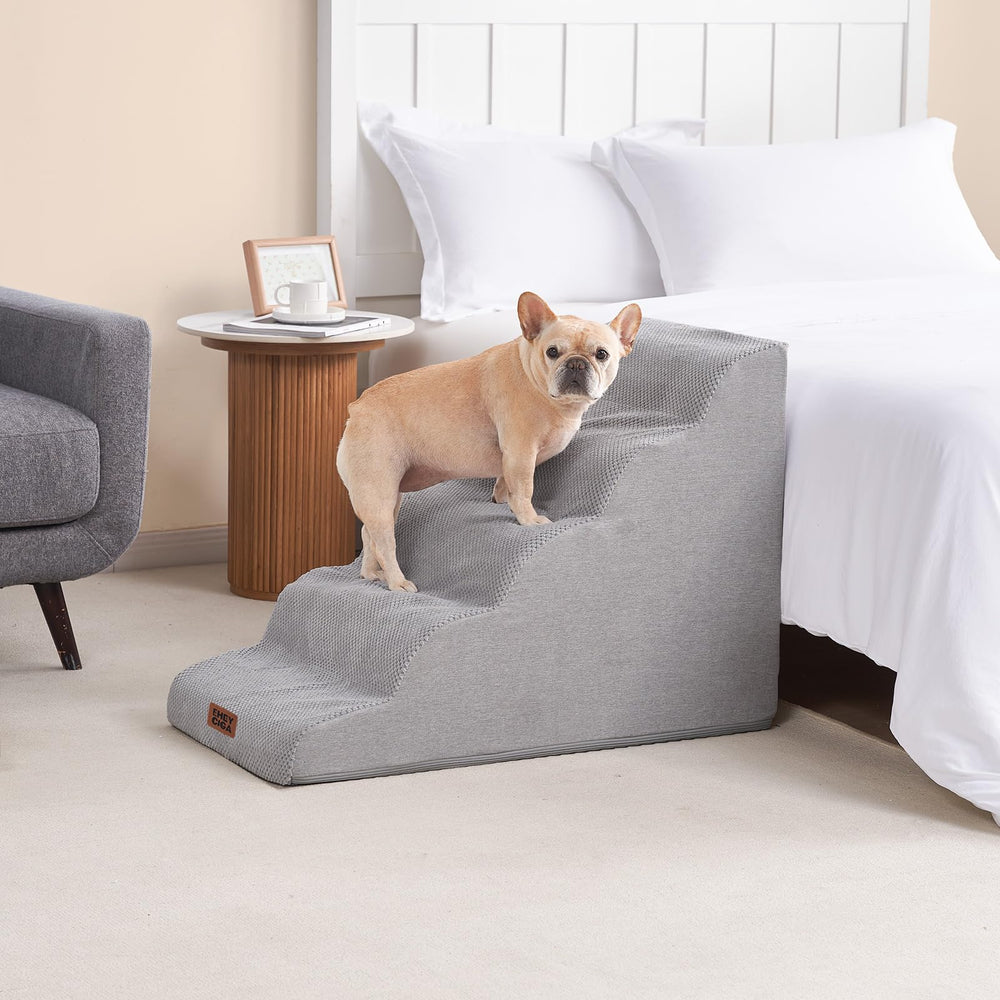 EHEYCIGA curved dog stairs shown in use for climbing onto a sofa.