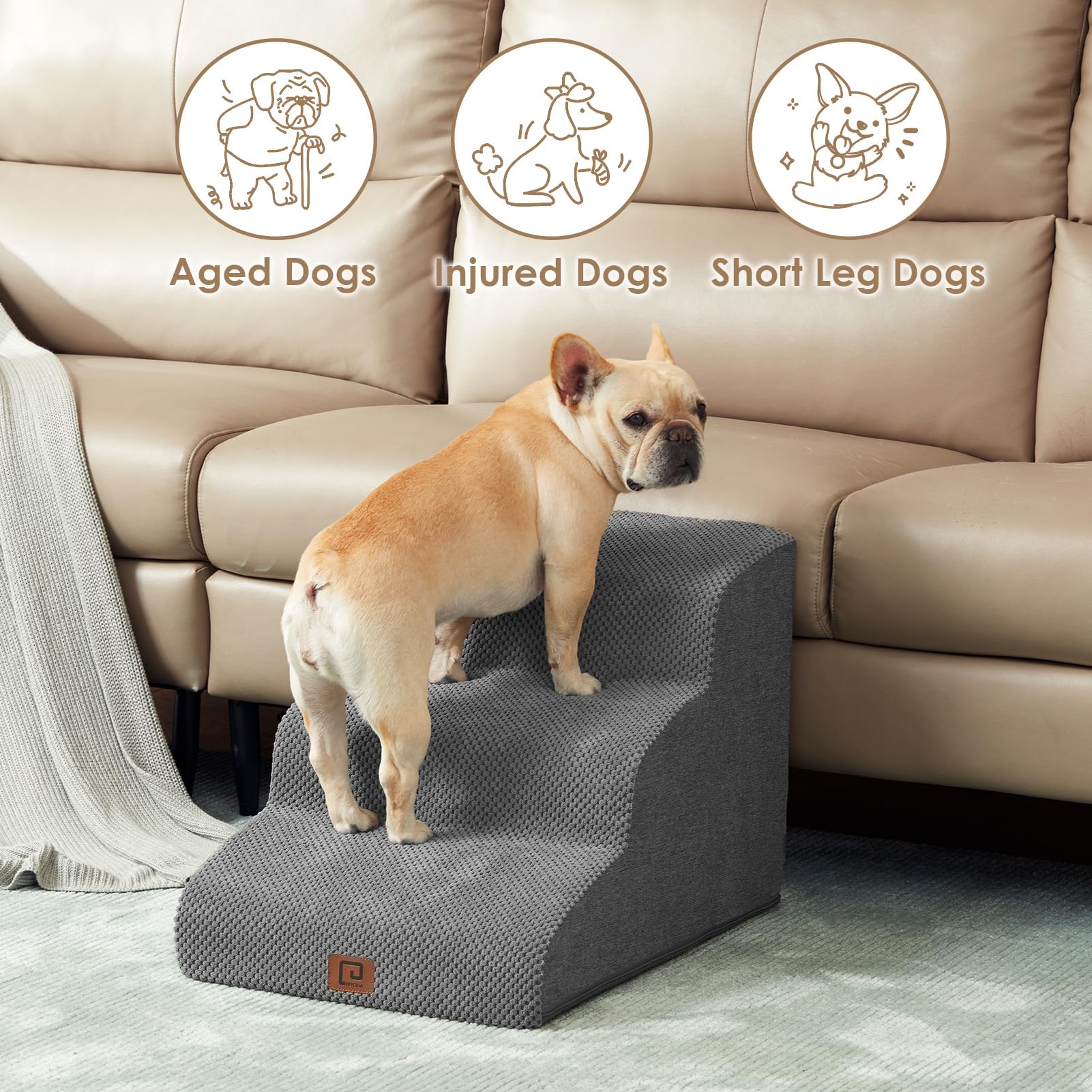 EHEYCIGA curved dog stairs non-slip base offers stable traction on hard floors.