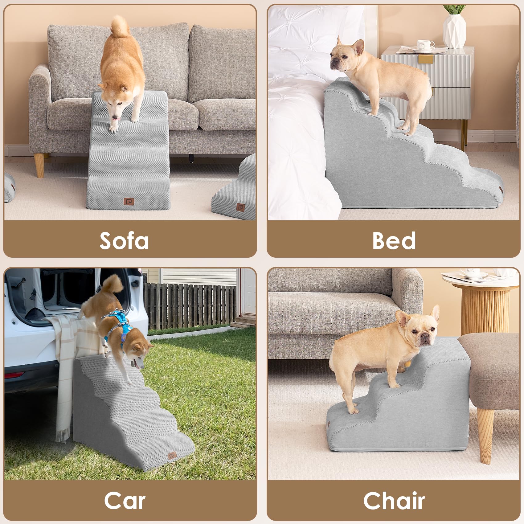 EHEYCIGA curved dog stairs non-slip base provides secure indoor footing.