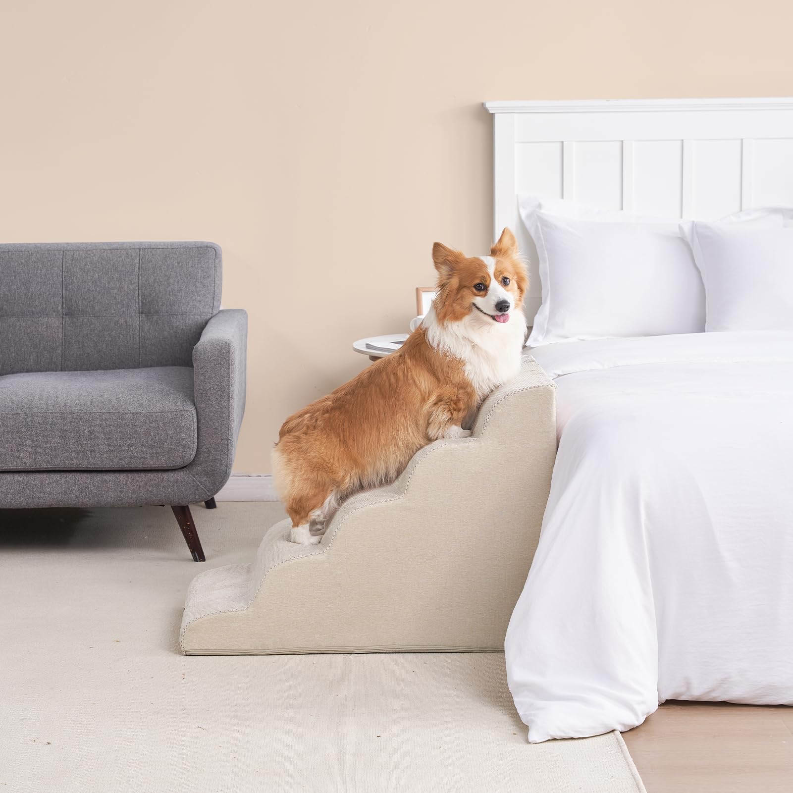 EHEYCIGA curved dog stairs non-slip base keeps stairs stable on floors.