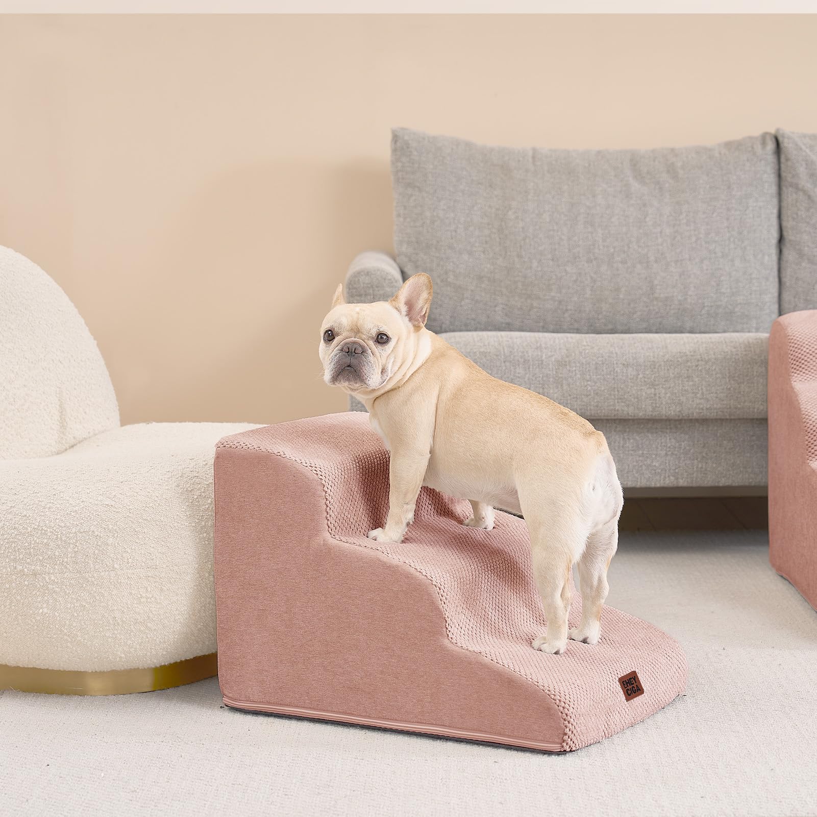 EHEYCIGA curved dog stairs pink bedroom setup for pets.