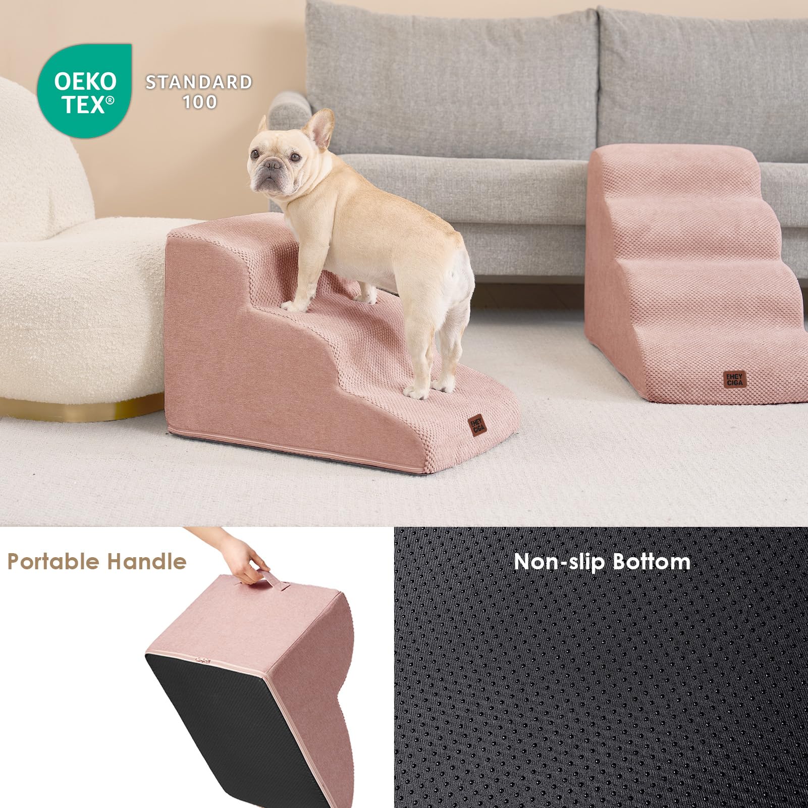 EHEYCIGA curved dog stairs pink removable washable cover in view.
