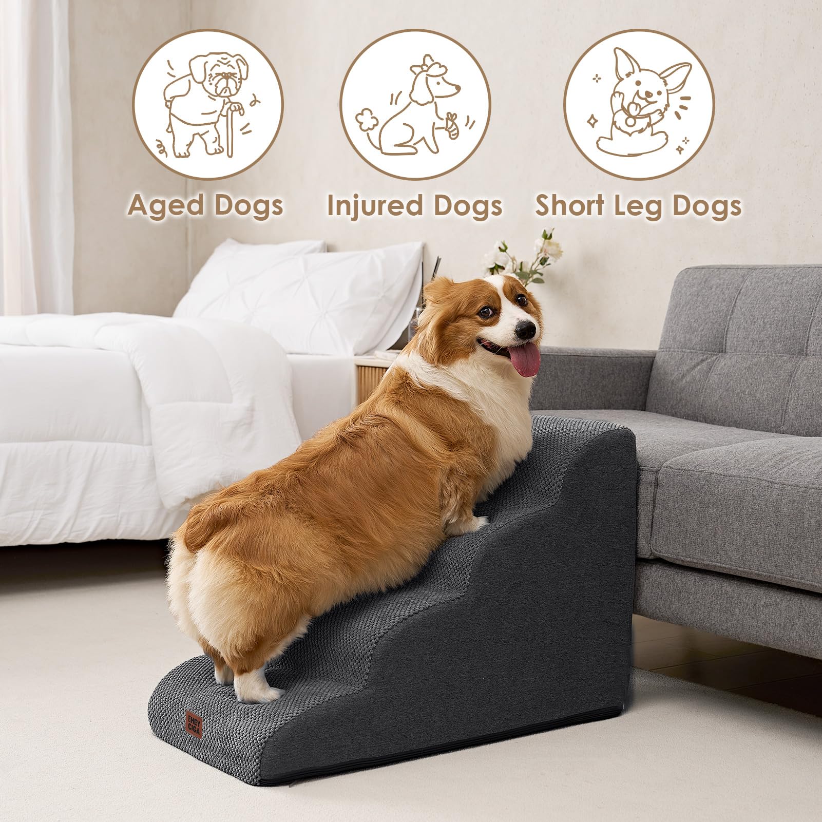 EHEYCIGA curved dog stairs removable-cover closeup showing washable bonded fleece