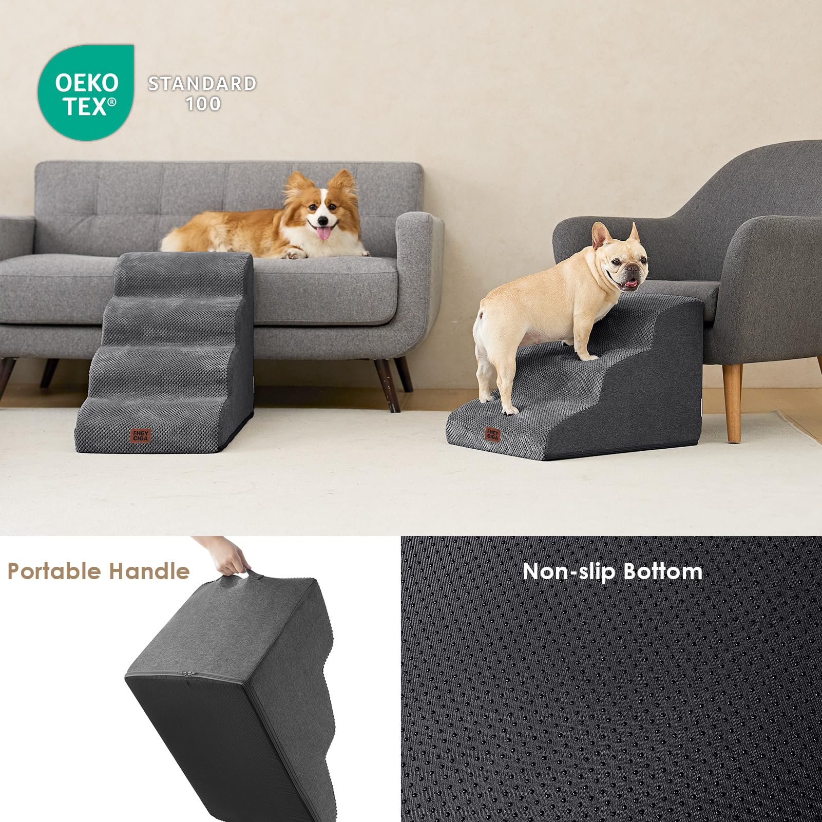 EHEYCIGA curved dog stairs removable fleece cover simplifies cleaning.